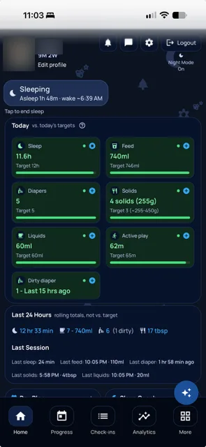 Home screen in night mode for 3 a.m. feeds, with the same Today card on a dark background.